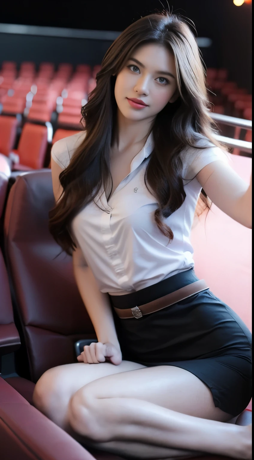 beautiful girl. sitting alone in the theater, Sexy blouse. Hot Pants. Long wavy hair. blue eyes. sexy body. Thin waist. curved hips.