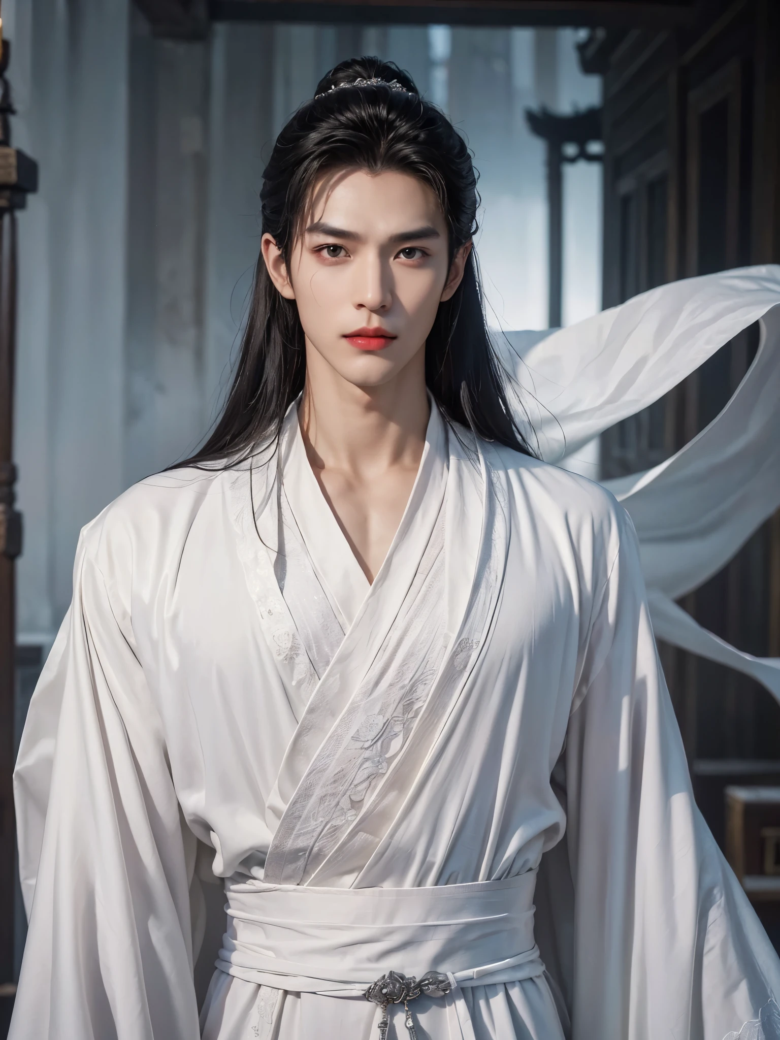 (male character design),,(Close-up of front view of melancholy handsome Chinese man Pan An),(Pan An wears modern and fashionable men's suits:1.3),Pan An’s skin is fair and flawless,,The bridge of his nose is high and straight,(long, Messy shawl hair:1.1),double eyelids, Bright Eyes, Big clear and bright eyes,sad prince,Food with red lips and white teeth,gentle melancholy,Pan An is tall and tall.,He has a strong physique,Toned muscles,Fresh and toned abs, His exquisite facial features,Kingly style,Noble temperament wearing a white robe with silver ornaments, messy black hair, Wind magic, background:modern urban