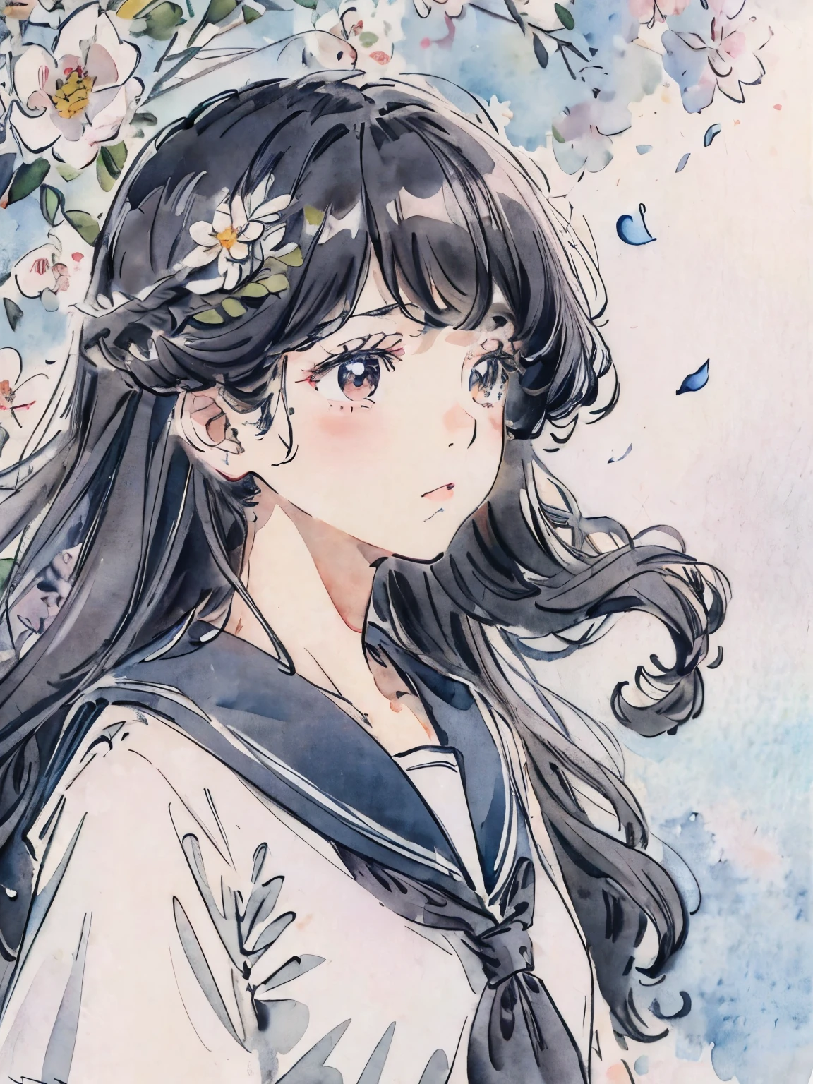 sailor suit、curl hair、long black hair、sailor suit、profile、Lady、flower garden、icon、soft lighting、close up of face、photo studio、hair blowing in the wind、petal、curly hair、watercolor style、Lots of flowers in the background