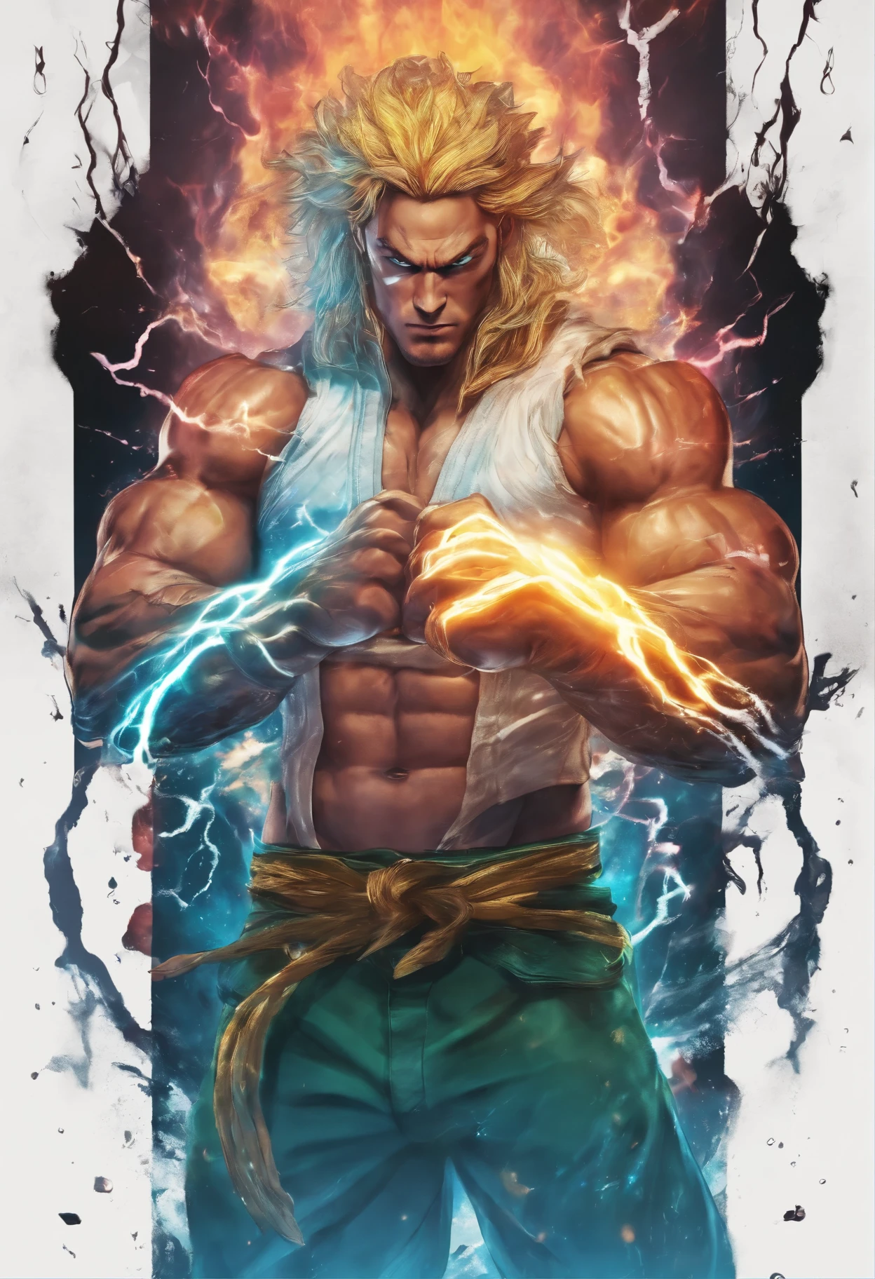 Realistic 3D rendering of fused Aquaman, Surrounded by lightning, big muscular, full body photo shoot, surreal、Hadouken、Let go、cool、
