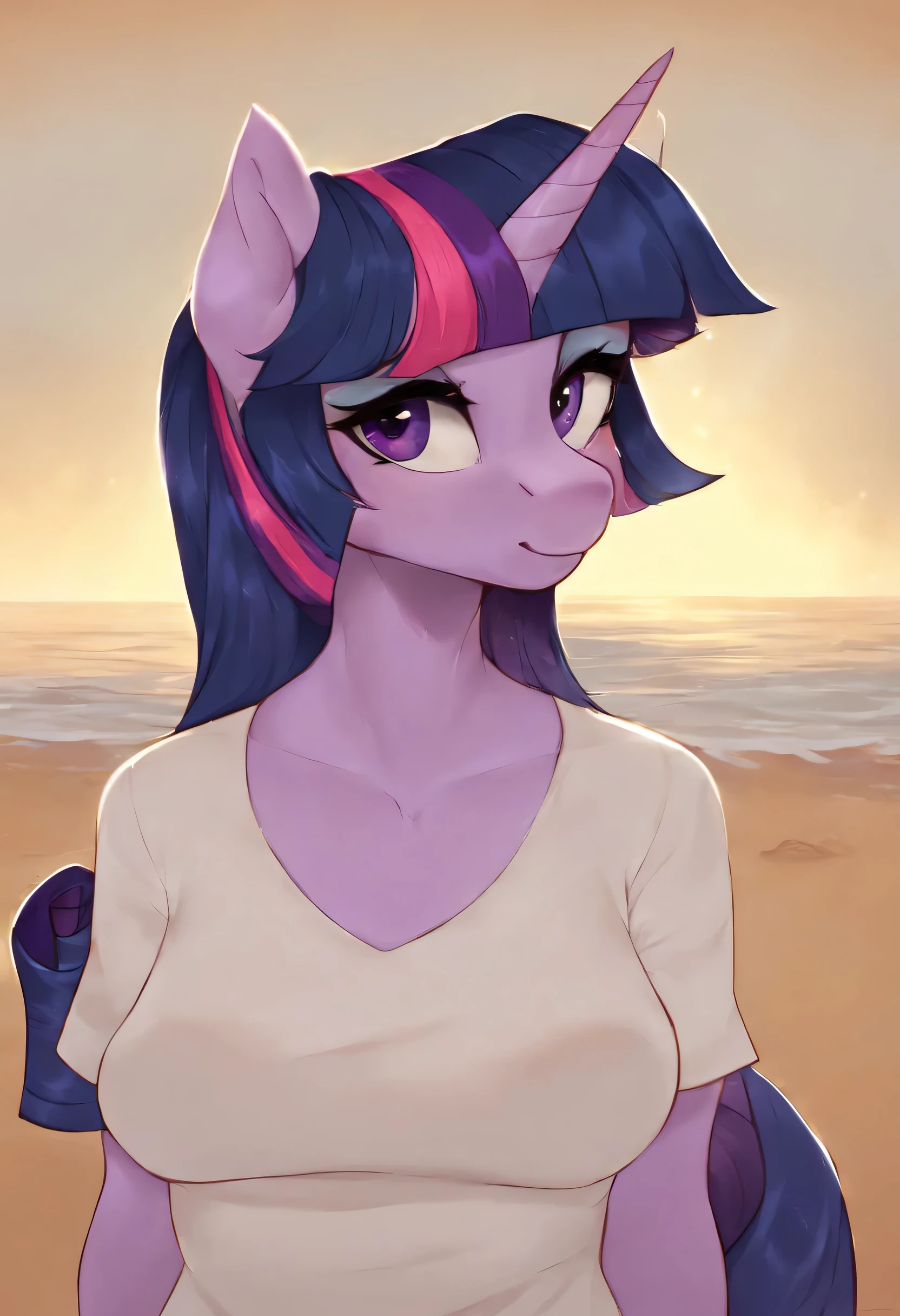 (score_9), (high detail), (source_pony), (solo), (alicorn), (good lighting), high detail, ((anthro rarity fusion twilight sparkle:1.2)), wearing sexy shirts, half body, beach, modern digital cartoon arts style,