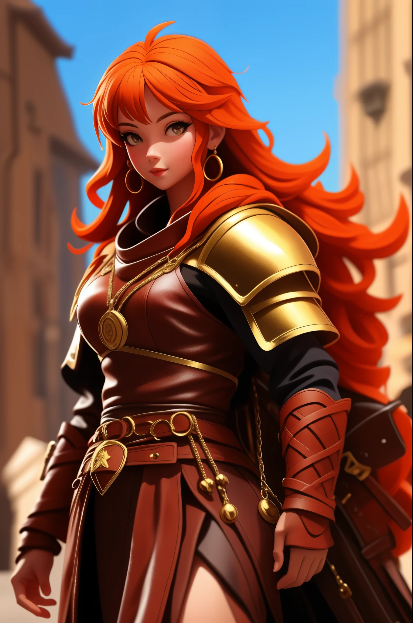 anime, detailed, depth of field, sunny, ginger hair, barbarian female, medieval time, walking, being careful, serious look, front view, medieval city background