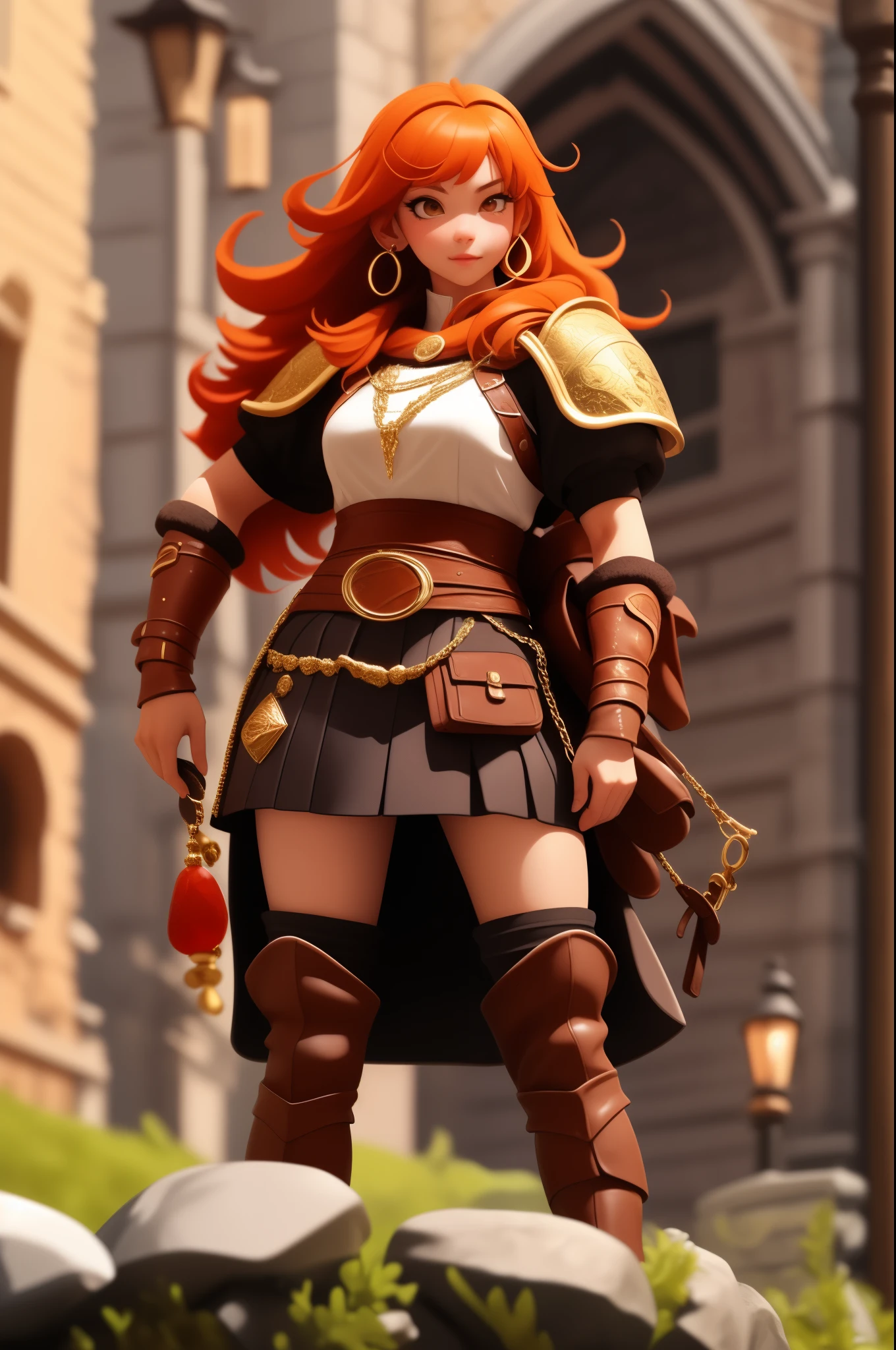 anime, detailed, depth of field, sunny, ginger hair, barbarian female, medieval time, walking, being careful, serious look, front view, medieval city background