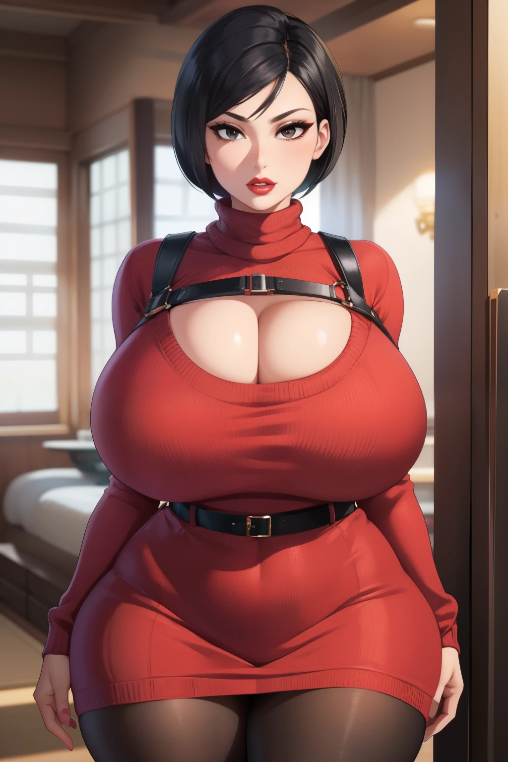 Ada Wong, (((bimbo))), black hair, short hair, perfect face, perfect eyes, looking at viewer, puffy lips, thick lips, wide hips, thick thighs, craving lust face, huge natural breasts, mature mom, indoors, modern interior, fakebreasts, asian female, adasweater, red sweater, sweater dress, turtleneck, harness, pantyhose, black eyes, looking at viewer, large breasts, parted lips, red lips, lipstick, holster, belt, mature female
