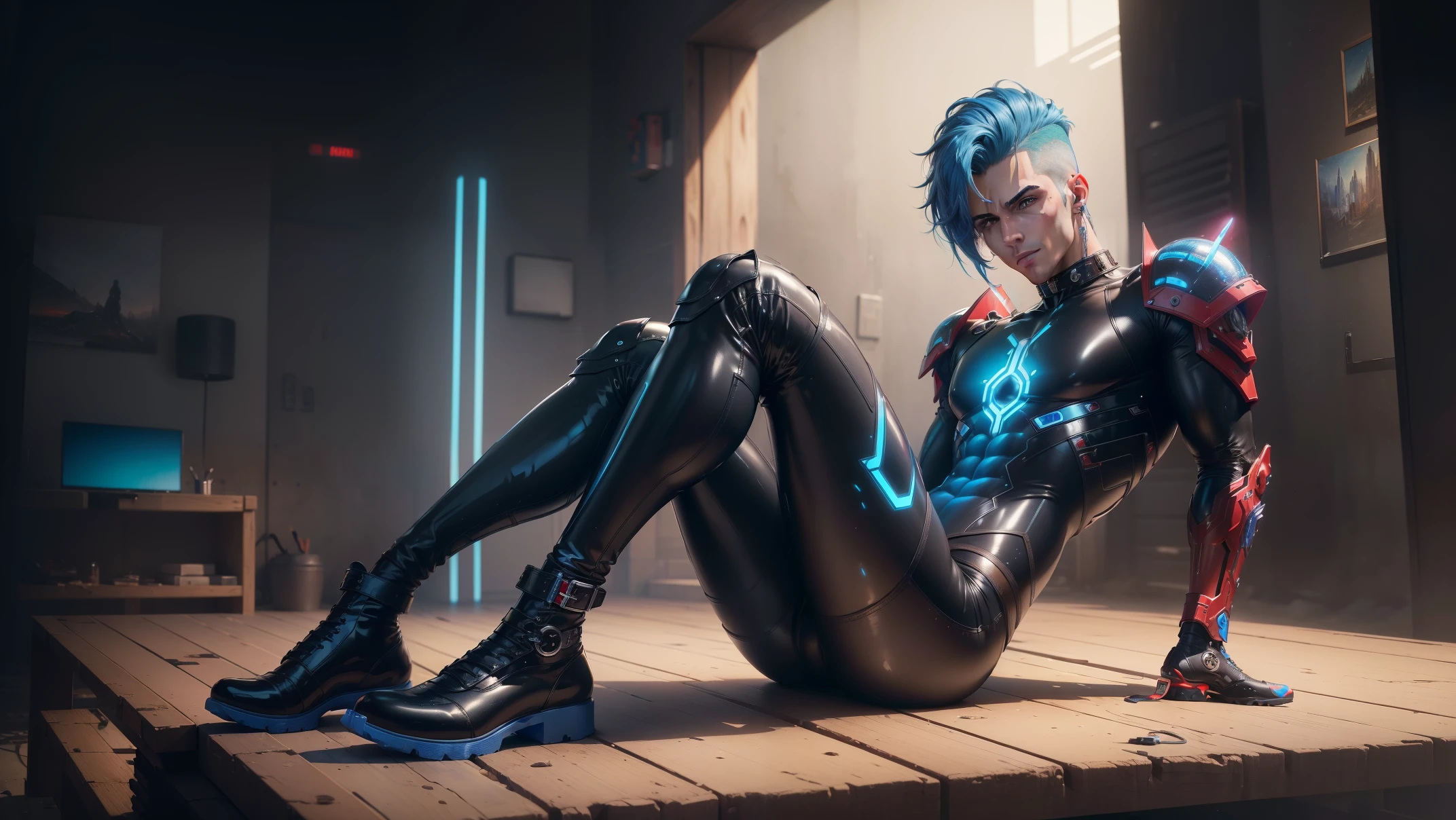 ((Best Quality, 8K, ultra-detailed, Masterpiece: 1.3)) A hot male, with slim muscular body, in a latex robot suit, beautiful body, he has bright blue hair, pearcing in his ear, on his feet is a beautiful pair of red cyberpunk boots , cinematic, 8k