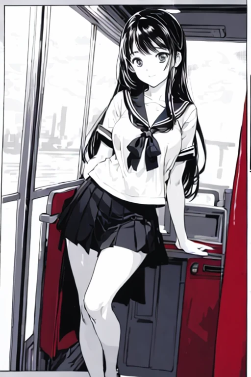 A beautiful woman with long, shoulder-length hair, big breasts, and beautiful legs is standing on a bus in a sailor uniform.。