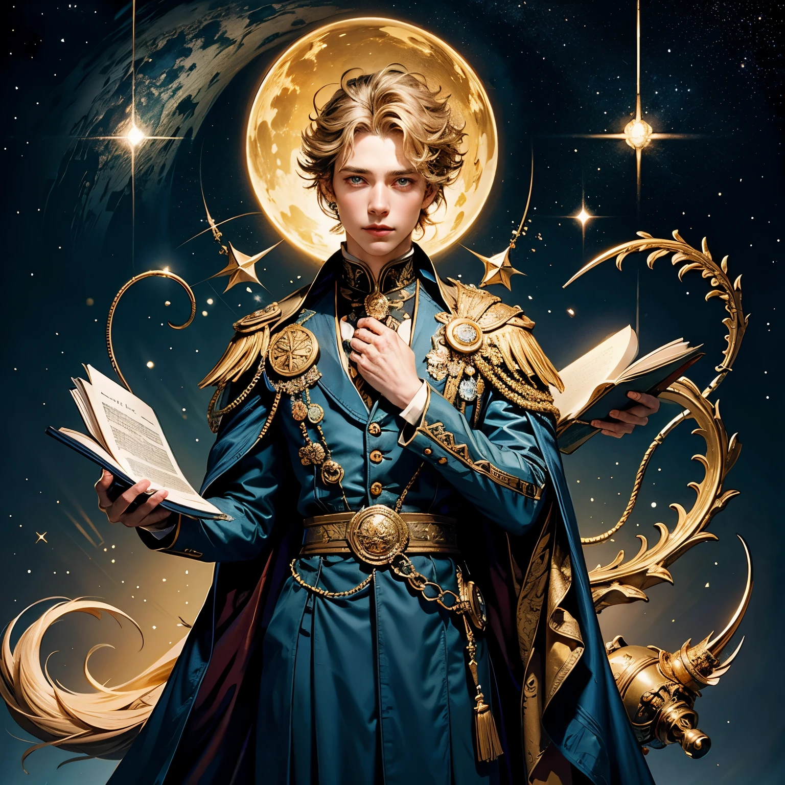 This top-quality "Tale Voyager" book cover close-up design is truly a masterpiece. Drawing inspiration from the Victorian era, it exudes an enchanting allure with its golden and blue color palette. The cover is intricately decorated with stars, reminiscent of the night sky, which adds a touch of magic and wonder to the overall design. The attention to detail is evident in every aspect of this cover, from the precisely crafted stars to the meticulously chosen colors. The main character, a young man with golden hair and blue eyes, is a nod to "The Little Prince," adding an element of nostalgia and familiarity. This book cover is a testament to the highest quality of craftsmanship, capturing the essence of the Victorian era's unique beauty and charm.