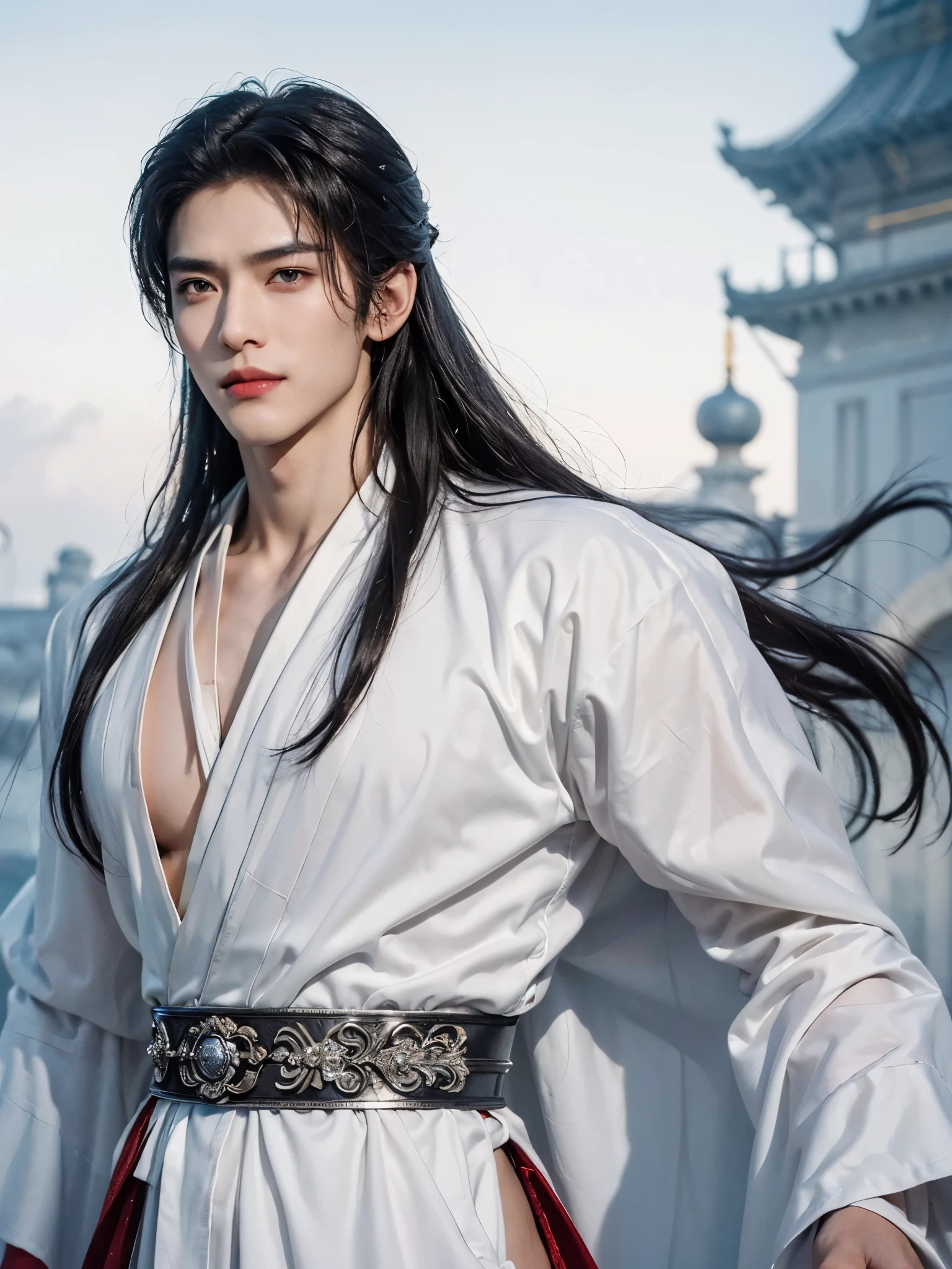 （male character design），，（Close-up of front view of melancholy handsome Chinese man Pan An），（Pan An wears modern and fashionable men&#39;s suits:1.3），Pan An’s skin is fair and flawless,，The bridge of his nose is high and straight，(long, Messy shawl hair：1.1），double eyelids, Bright Eyes, Big clear and bright eyes，sad prince，Food with red lips and white teeth，gentle melancholy，Pan An is tall and tall.，He has a strong physique，Toned muscles，Fresh and toned abs, His exquisite facial features，Kingly style，Noble temperament wearing a white robe with silver ornaments, messy black hair, Wind magic, background:modern urban