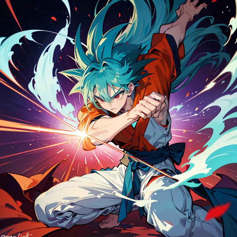 Masterpiece quality illustration of Goku, the iconic character from the USA, showcasing his powerful stance and vibrant energy. The artistic photograph captures the real light and shadow, enhancing the dynamic nature of Goku's movements. Set against the backdrop of an autumnal night sky, Goku stands confidently in a spacious bedroom adorned with silk bedsheets. Clad in his signature red nightdress, his long light blue hair flows elegantly, complementing his intense red eyes. As Goku prepares for battle, the scene is filled with anticipation and excitement. The air is charged with energy, illustrated by the white mist exhaled from his steaming body. Every detail, from the trembling muscles to the red petal-like effects emanating from his aura, is meticulously depicted, making