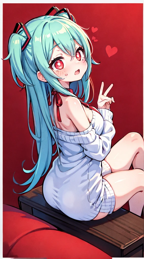 Miku Nakano，（A white border around a red rectangular background：2.5)，whitesweater，Sitting down， D-cups，ahegao face，Back view，High detail,Moles under eyes, Heart-shaped pupils，Love pupils，cropped shoulders，Lots of hearts，Fleshy thighs,highly rendered，detailed face with