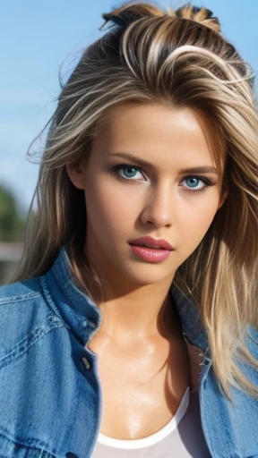 Female sexy、platinum blonde hair, light brown hair, streaked hair, blonde highlights hair, wet hair, ponytail hair,  denim jacket,  white buttoned business shirt、trackpants, walking a chocolate colored cavoodle puppy, casual, relaxed, dark tanned skin, crystal blue eyes,  playing with her puppy, walking in the park, sunny day, happy 