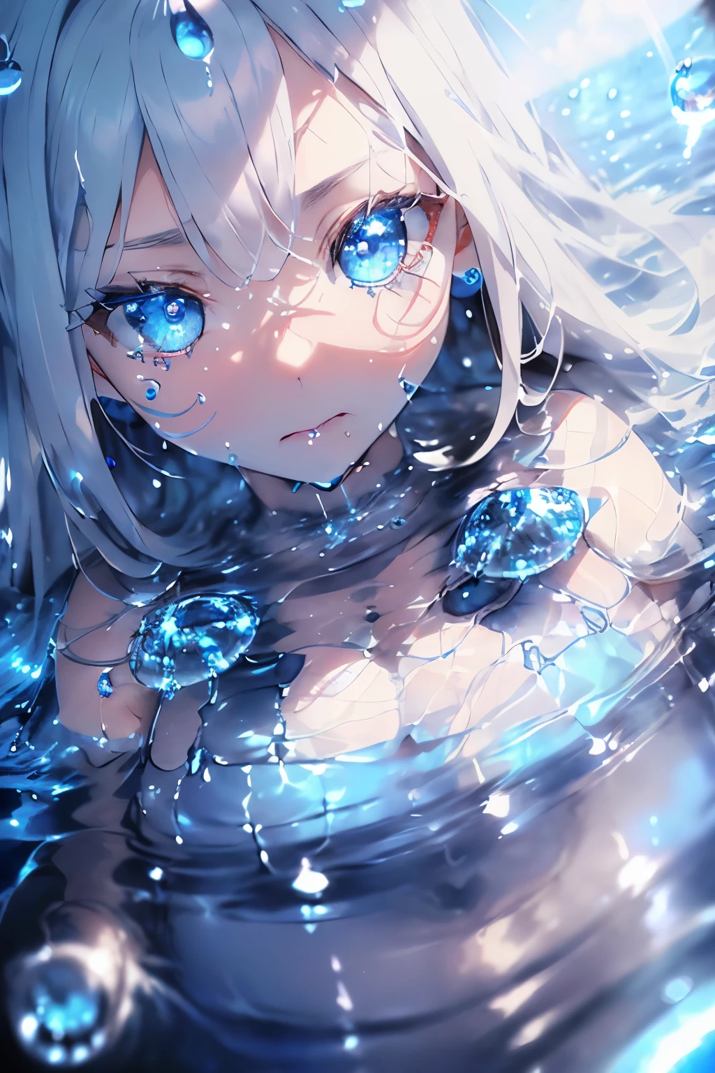 (blue eyed girl),(Blue eyes that reflect white light:1.1),(Clear Eyes Concept Art:1.2),Blue eyes,(Shine like the reflection of light in a photo),(super detailed:1.3),(eye reflection:1.2),(Close-up of one eye:1.6),(Large water droplets fill the screen:1.6),(side view:1.2),