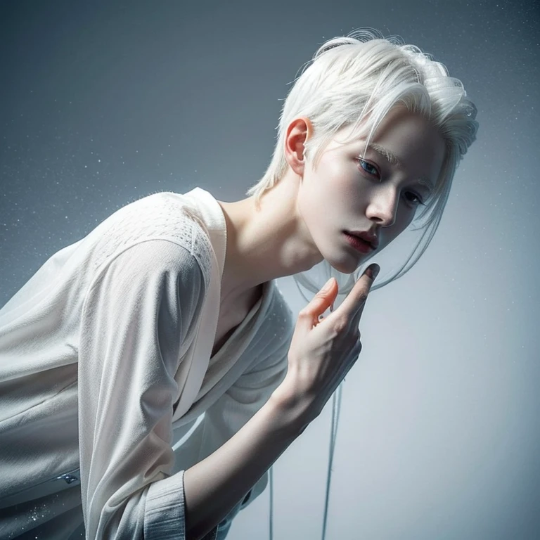 (1 boy, albino tall slender androgynous male Snow Queen, precious, fragile beauty, pristine, pale, translucent, he is immortal while he is cold, but the warmth of love will kill him, ice crown)