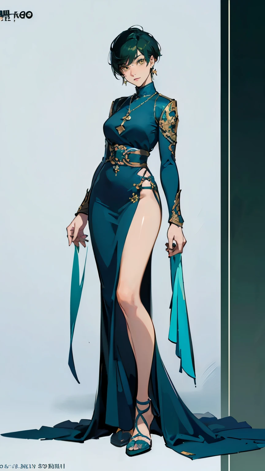 ((masterpiece,best quality,8k,highres)),((character concept art)), 1 female, young adult female, Cult Priest, 170 cm height, extreme short pixie cut hairstyle ((tomboy hairstyle)), (green hair colour), ultra finely detailed eyes (yellow eyes colour), extraordinary gorgeous, charming, smirk smile, small breasts, hourglass body shape ((muscular)), ((intricate detail)), super finely detailed hands, ultra finely detailed fingers(((ten fingers))), Cult Priest outfit (blue outfit colour), earrings, necklace, (standing still), (full body showcase), (show full body), (no logos on background), (no logo), ((plain background)), ((plain background)), (((empty background)))