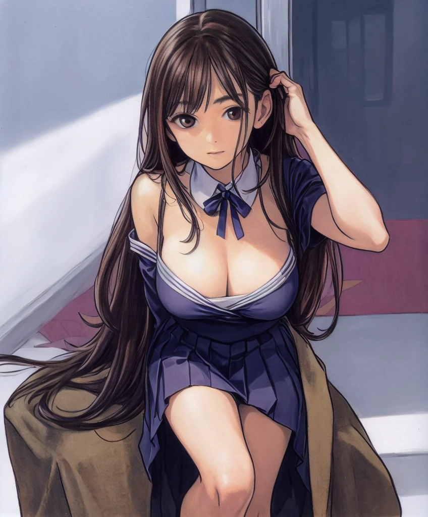 A beautiful woman with long, shoulder-length hair, big breasts, and beautiful legs is standing on a bus in a dark purple sailor uniform.。