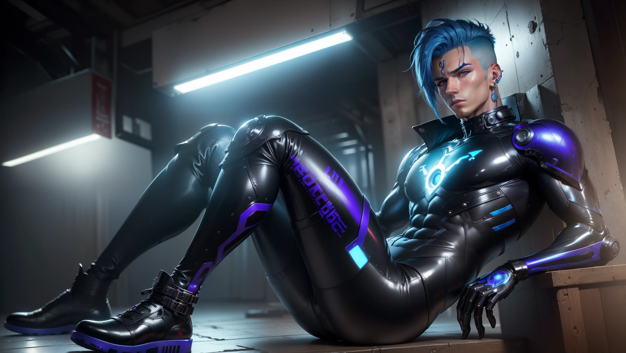 ((Best Quality, 8K, ultra-detailed, Masterpiece: 1.3)) A hot male, with slim muscular body, in a latex robot suit, beautiful body, he has bright blue hair, pearcing in his ear, on his feet is a beautiful pair of red cyberpunk boots , cinematic, 8k