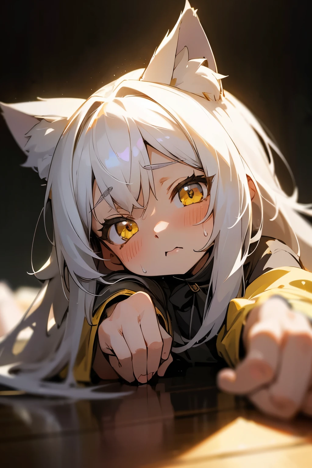 master masterpiece, 4k, highly detailed, anime style, HDR, subsurface scattering, cinematic light, extremely detailed face, 1girl, li, chcat ears, white hair, , long hair, yellow eyes, cute, sweat, kawaii , Clear focus,hard lighting,vivd colour.