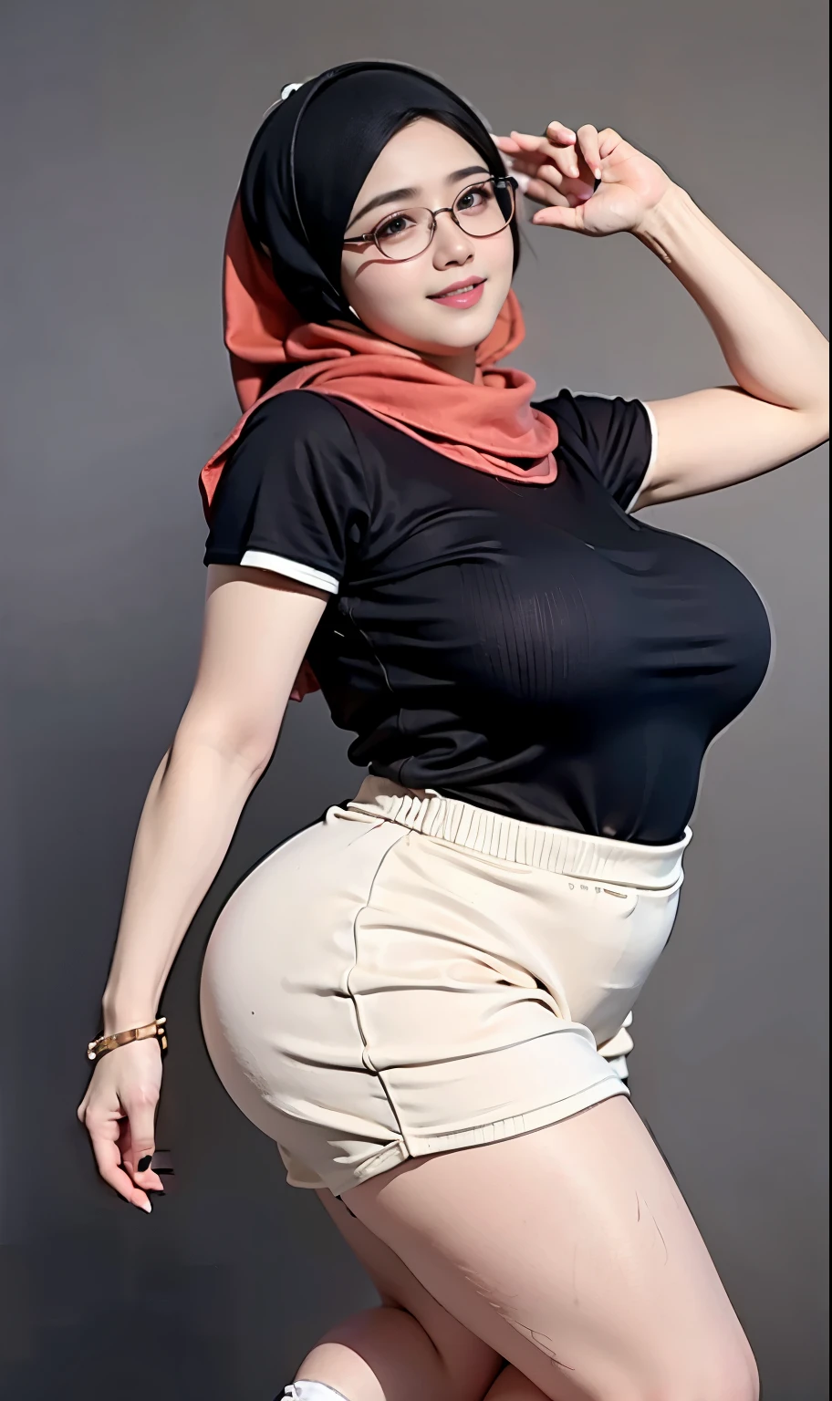 wanita berhijab syariah, wearing t-shirt, sneakers, chubby cheeks, chubby arm, chubby, glasses, big breast, chubby tight, wearing a hijab, bbw, bbc, cute girl, mature and plump, plump woman, clean and smooth pics, all star, high quality, best quality, good vibes, nice look, tattooed, gorgeous, elegant, high resolution, super extremely resolution, flower tattoos, Perfect angle, mature woman, milf, tight t-shirt, skinny, perfect look, t-shirt, dark room, smile shy, woman 40 years old, black t-shirt, chubby cheeks, Thigh-length pants, sweaty, full bodies, tank top, high heels, dimples, armpits