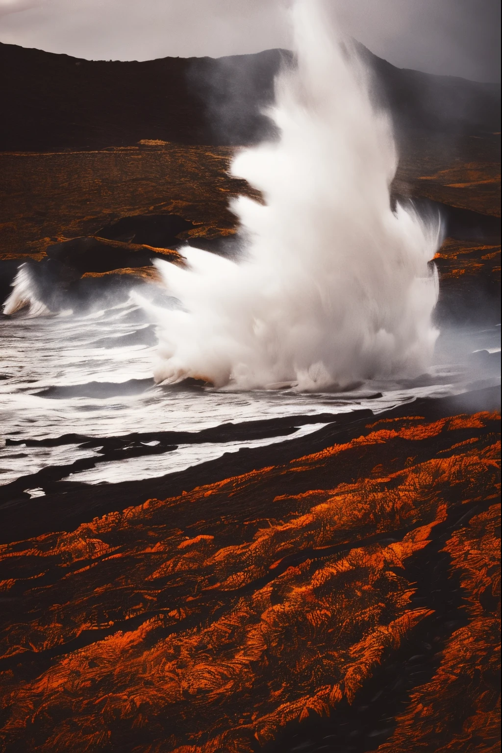 A raging sea of flame, fiery waves crashing against obsidian cliffs, molten lava spewing into the turbulent waters, a desolate and ominous atmosphere, Photography, shot with a telephoto lens, f/2.8 for shallow depth of field, --ar 16:9 --v 5