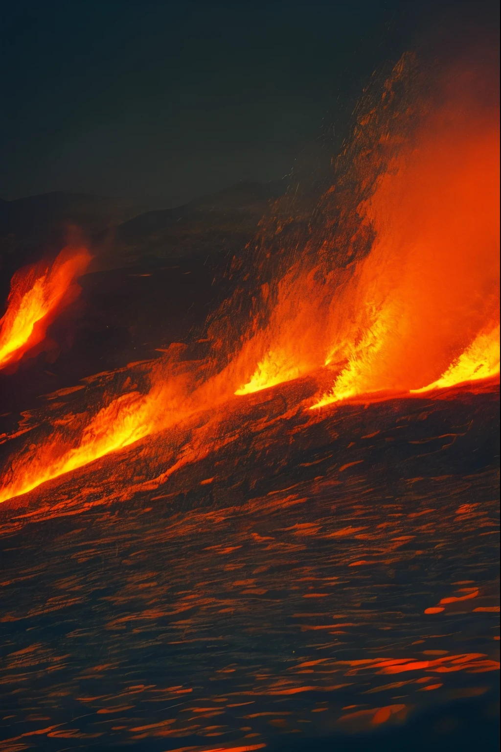 A raging sea of flame, fiery waves crashing against obsidian cliffs, molten lava spewing into the turbulent waters, a desolate and ominous atmosphere, Photography, shot with a telephoto lens, f/2.8 for shallow depth of field, --ar 16:9 --v 5
