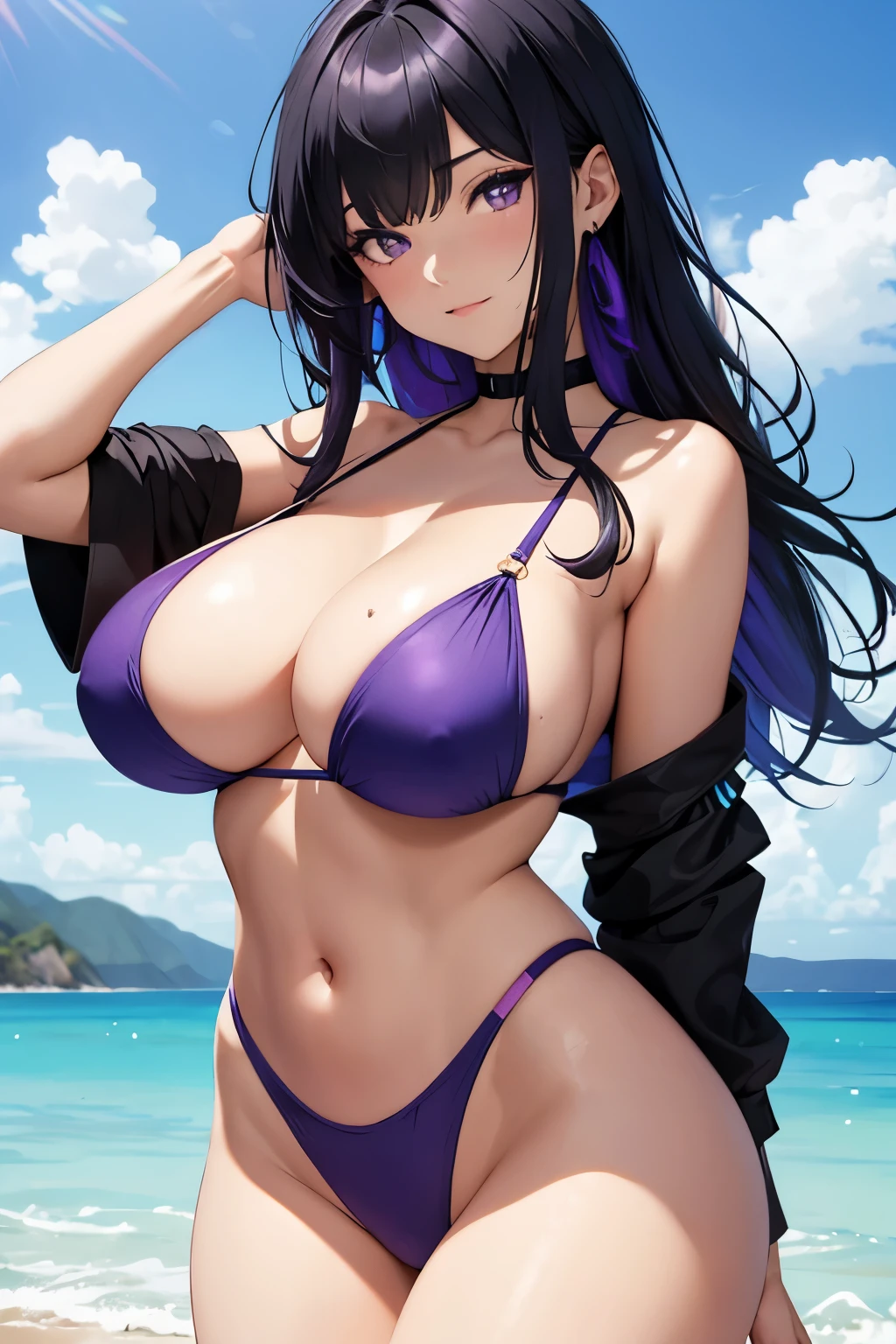 Beautiful girl, black hair with purple tips, blue swimsuit, big breasts, cleavage pushed together, sexy.