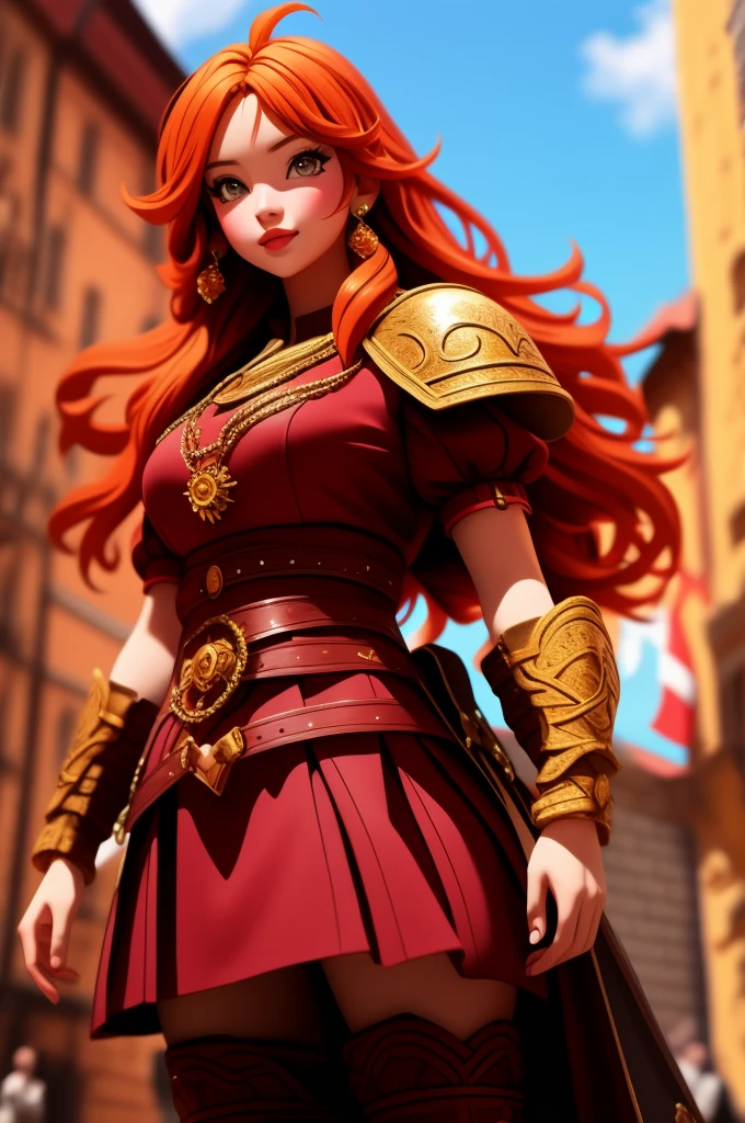 anime, detailed, depth of field, sunny, ginger hair, barbarian female, medieval time, looking up, careful, serious look, front view, medieval city background