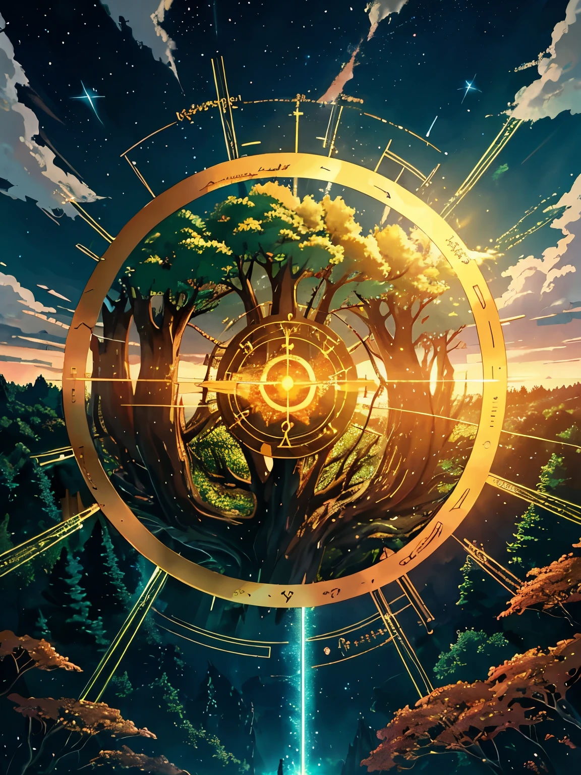 golden hour, anime, fantasy, knocking to the heavens door, sky, realistic, light particles, clouds, magic circle, glyph, magic runes, outdoors, on the background a forest of electric trees, glowing with circuit-patterned leaves