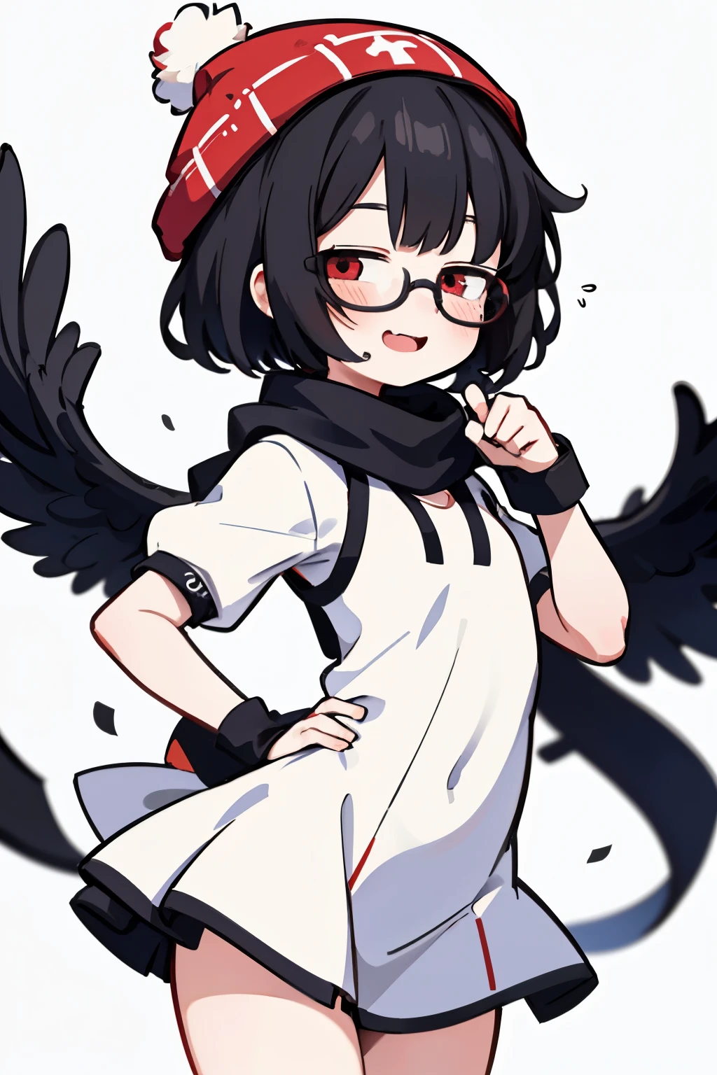 (masterpiece), insanely detailed, absurdres, ultra-highres, ultra-detailed, best quality, 1 girl, solo, nice hands, perfect hands, best quality, high quality, perfect-lighting, illustration, cute little girl, detailed-face, detailed-body, small breasts, dynamic pose, cowboy shot, anime moe artstyle, full body model, kawaii, black hair, fluffy cut hair, (short) red eyes, beautiful woman, 1 girl, solo, cute girl, blushing, expressive eyes, perfect face, happy smile, laugh, open mouth, black beanie, (black) fluffy cut black hair, black scarf, random uniform, Round Glasses Black, smug face, by Canon EOS, SIGMA Art Lens 35mm F1.4, ISO 200 Shutter Speed 2000, random location, (cleavage:-1.5),