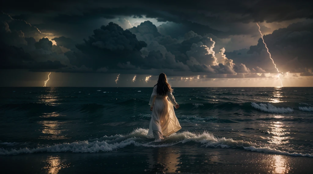 Jesus walking on water in a storm, gentle expression, streaks of light coming down from the sky, masterpiece, highest quality, high quality, highly detailed CG unit 8k wallpaper, award-winning photos, bokeh, depth of field, HDR, bloom, chromatic aberration, realistic, very detailed, trending at artstation, trending at CGsociety, complex, high detail, dramatic, mid-journey art, volumetric lighting