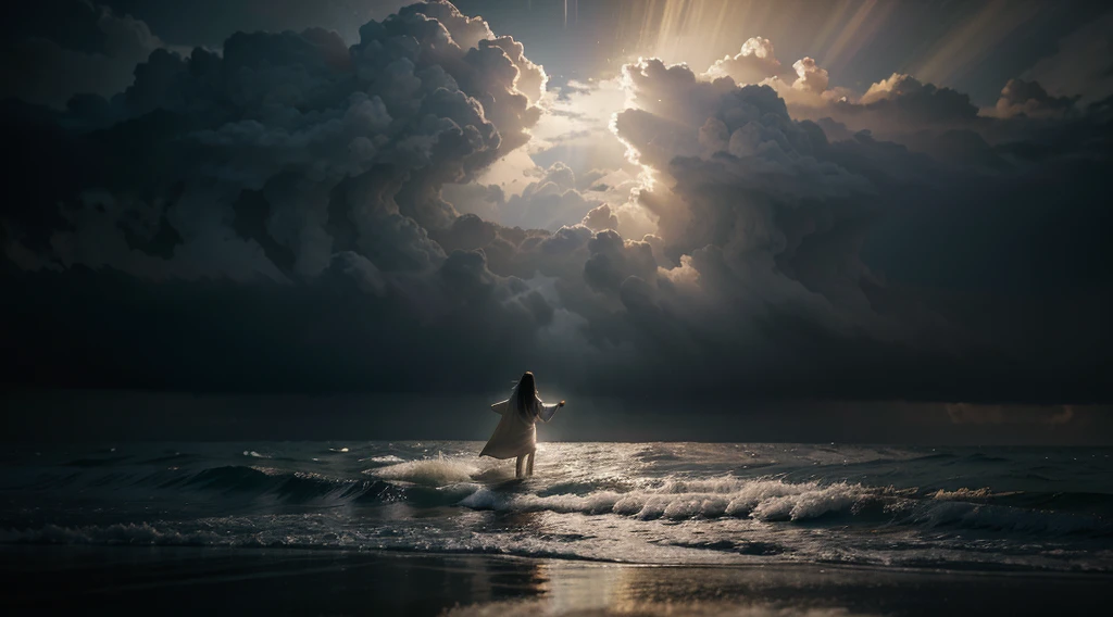 Jesus walking on water in a storm, gentle expression, streaks of light coming down from the sky, masterpiece, highest quality, high quality, highly detailed CG unit 8k wallpaper, award-winning photos, bokeh, depth of field, HDR, bloom, chromatic aberration, realistic, very detailed, trending at artstation, trending at CGsociety, complex, high detail, dramatic, mid-journey art, volumetric lighting