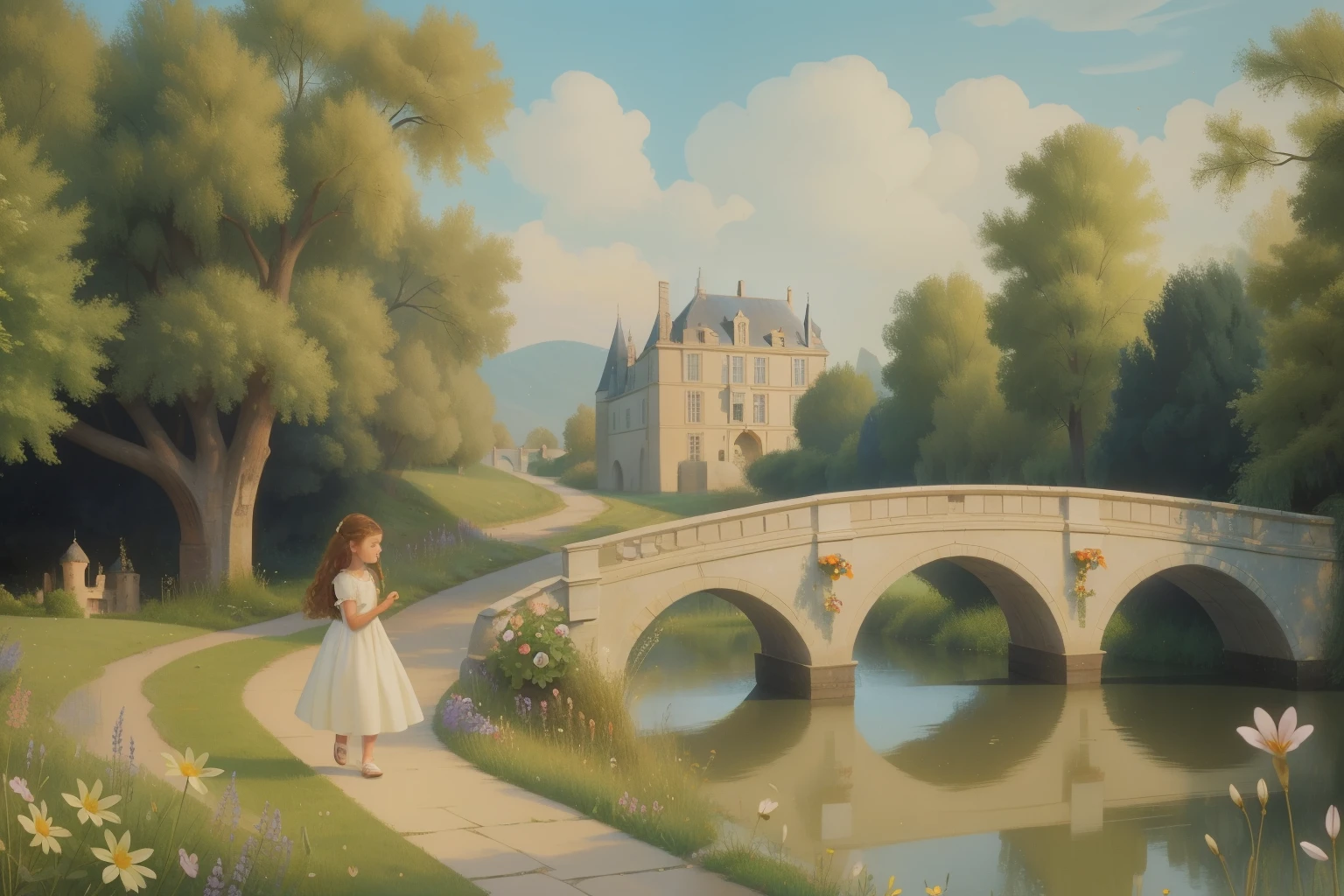 Along the enchanting riverside path of a French-inspired château in the 2000s, a fourteen-year-old white girl, with auburn curls and a sundress, strolls with a basket of freshly picked wildflowers, surrounded by weeping willows and a stone bridge.