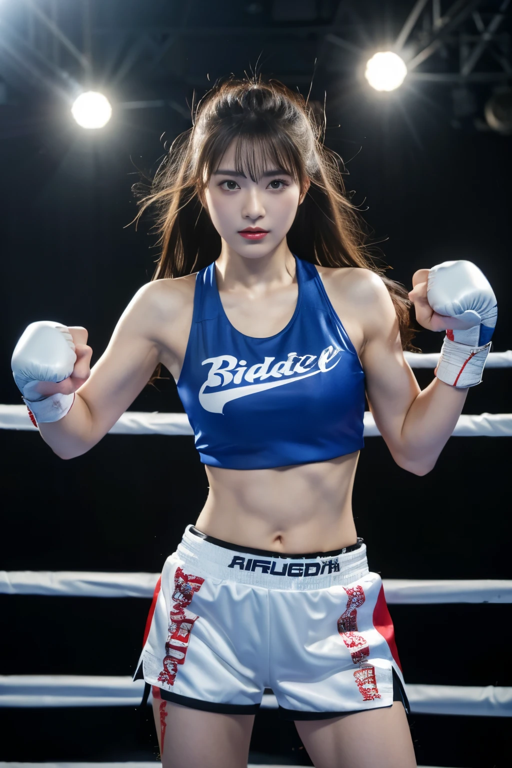 arafed woman in a boxing ring with a white glove, Ready for battle pose, in a boxing ring, she is ready to fight, take a fighting pose, fighter jet pose, in a fighting pose, boxing, fight pose, boxing match, Liu Chengyou, Wenfei Ye, gorgeous young japanese woman, japanese girl, in battle stance