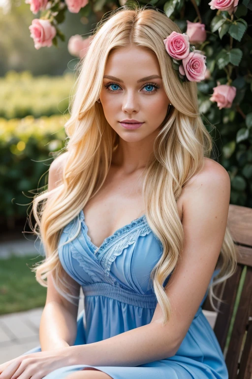 A beautiful woman with long blonde hair and blue eyes, dressed in a blue dress, is surrounded by pink roses.