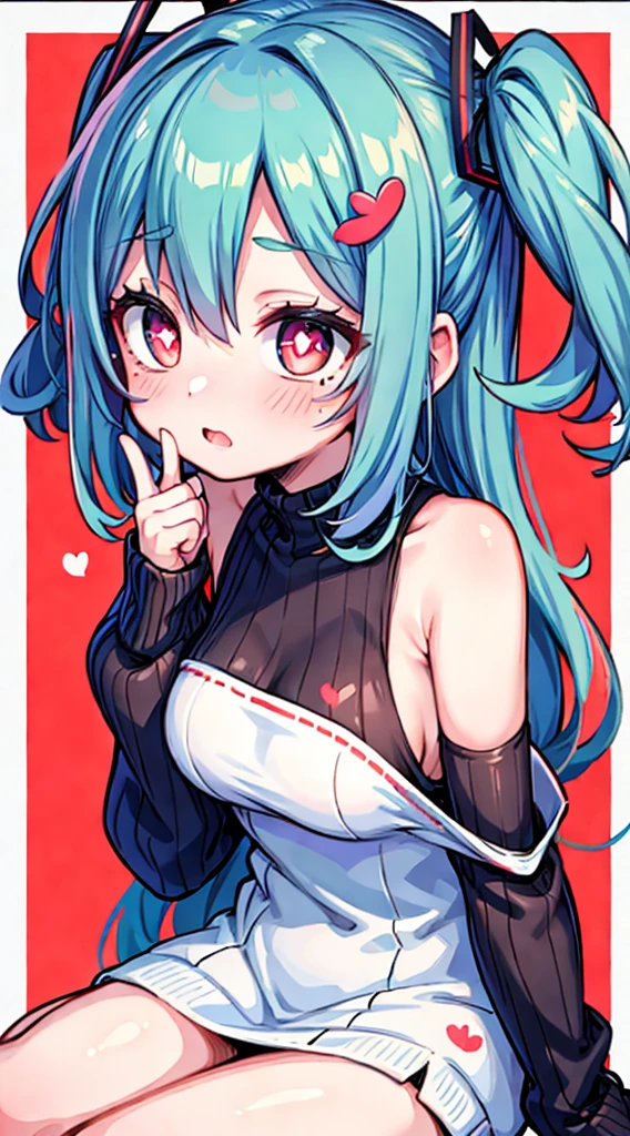 Miku Nakano，（A white border around a red rectangular background：2.5)，whitesweater，Sitting down， D-cups，ahegao face，Back view，High detail,Moles under eyes, Heart-shaped pupils，Love pupils，cropped shoulders，Lots of hearts，Fleshy thighs,highly rendered，detailed face with