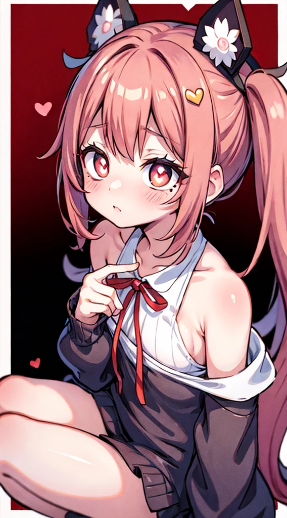 Miku Nakano，（A white border around a red rectangular background：2.5)，whitesweater，Sitting down， D-cups，ahegao face，Back view，High detail,Moles under eyes, Heart-shaped pupils，Love pupils，cropped shoulders，Lots of hearts，Fleshy thighs,highly rendered，detailed face with