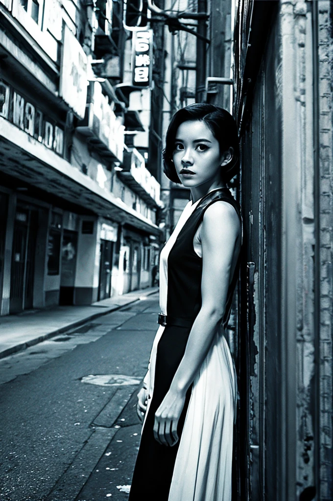 create scenes from classic film in Expressionism and cyberpunk style, female character standing on the roof,black and white, etherial --ar 3:2 --s 1000 --v 6.0