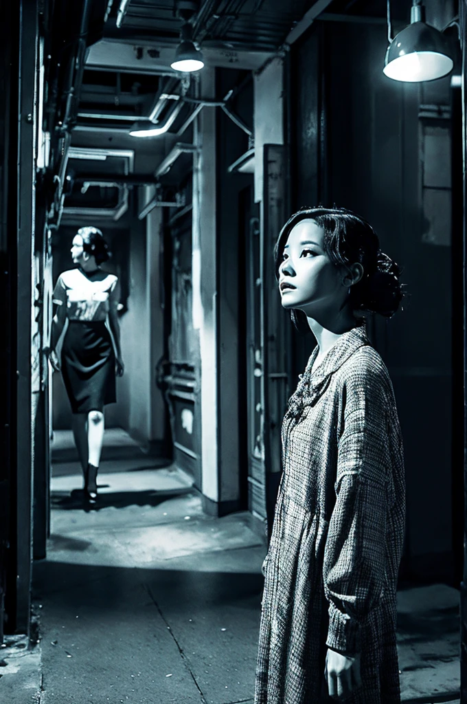 create scenes from classic film in Expressionism and cyberpunk style, female character standing on the roof,black and white, etherial --ar 3:2 --s 1000 --v 6.0