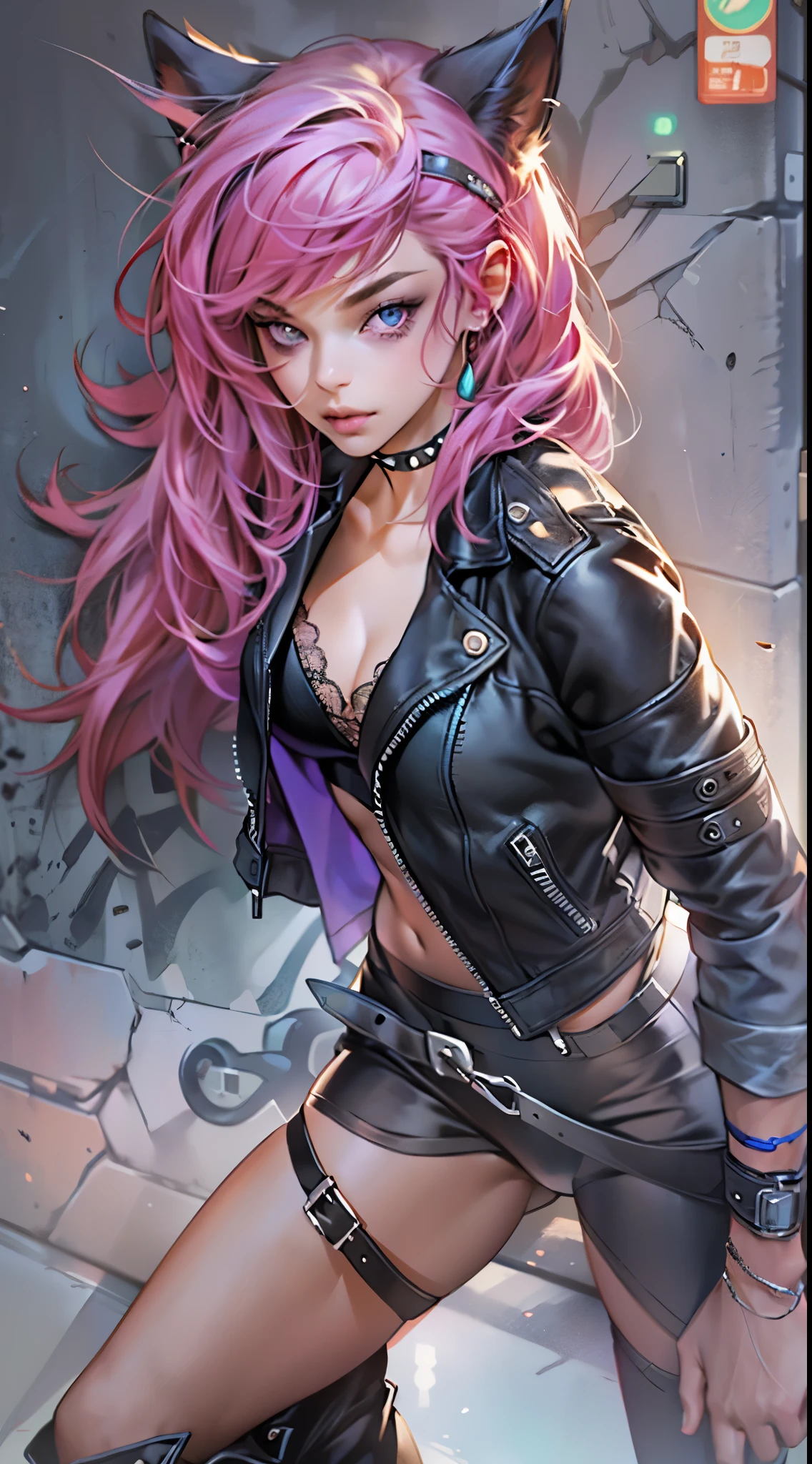 Loving, Love, (beautiful and clear background:1.2), high detailed eyes , underwear, lace, latex, Pink, Purple, mint, Blue, Yellow, lavender hair, body piercings, Loving, Love, ultra detail hair, Masterpiece, Best Quality, hiquality, hight resolution, detail enhancement, ((most beautiful image in the world)), Masterpiece, Best Quality, hiquality, hight resolution, detail enhancement, ((most beautiful image ), art by stjepan sejic, art by j scott campbell, Artist Guillem March, art by citemer liu, 4k, hight resolution,high quality detailed, style of ::2.0 comix illustration style,hiquality, hight resolution, detail enhancement, 8K, HD, Best Quality, hiquality, hight resolution, detail enhancement, 8K, HDR, sharp-focus, Ultra Detailed, perfect lighting, Curvy Body, Lush breasts, Curvy hips, rock, rock star, Cool,black leather jacket , style of, spikes, Cat's ears, Cool bracelets, Choker, Short shorts, fishnet pantyhose, Heart Print, Heart,