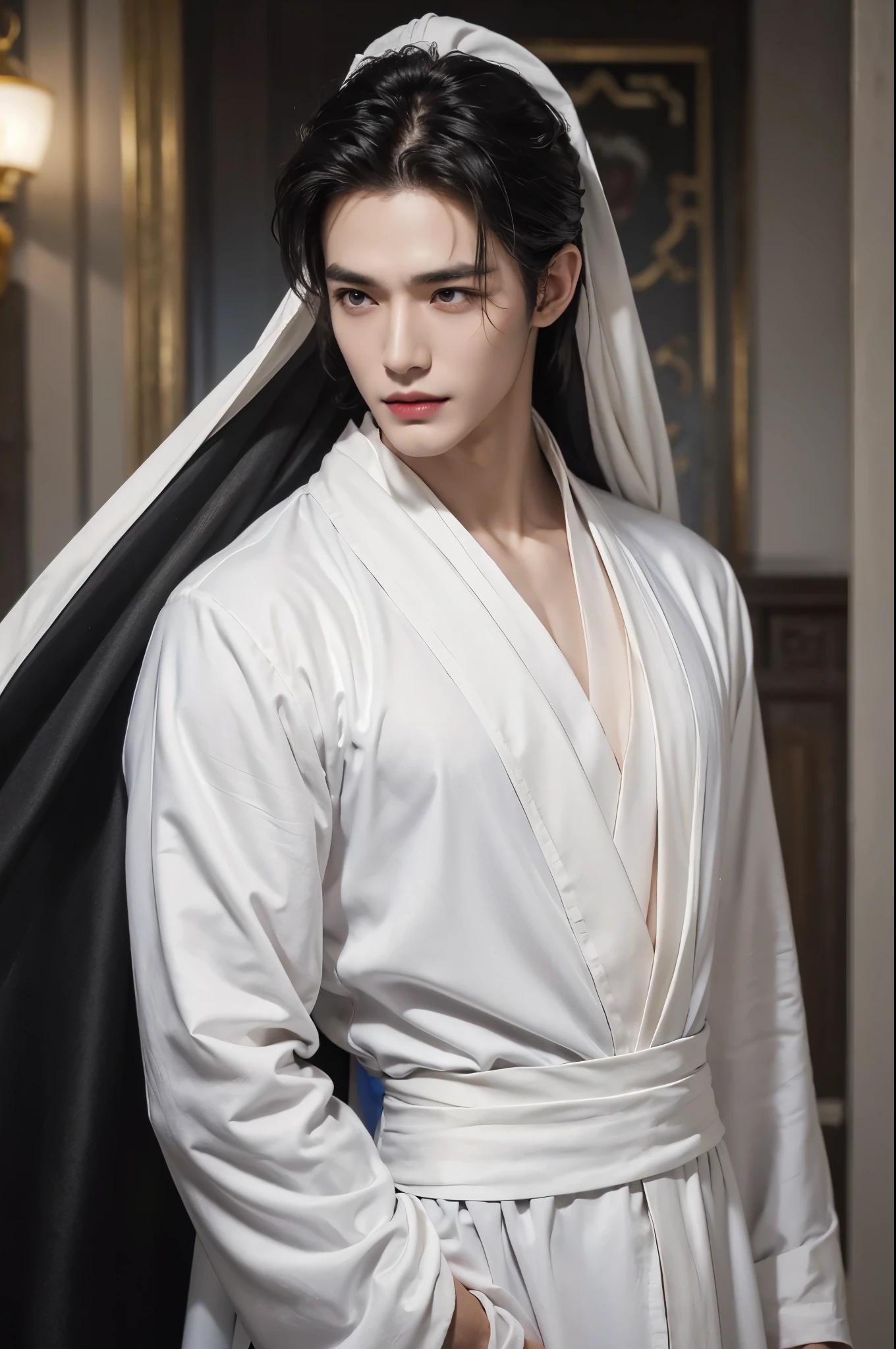 （male character design），（Half-length close-up），（Close-up of front view of melancholy handsome Chinese man Pan An），（Pan An wears modern and fashionable men&#39;s suit pants），（Pan An’s skin is fair and flawless），The bridge of his nose is high and straight，(long, Messy shawl hair：1.1），（double eyelids, Bright Eyes, Big clear and bright eyes），sad prince，Food with red lips and white teeth，gentle melancholy，Pan An is tall and tall.，He has a strong physique，Toned muscles，Fresh and toned abs, His exquisite facial features，Kingly style，Noble temperament wearing a white robe with silver ornaments, messy black hair, Wind magic, (Big storm), background：office city