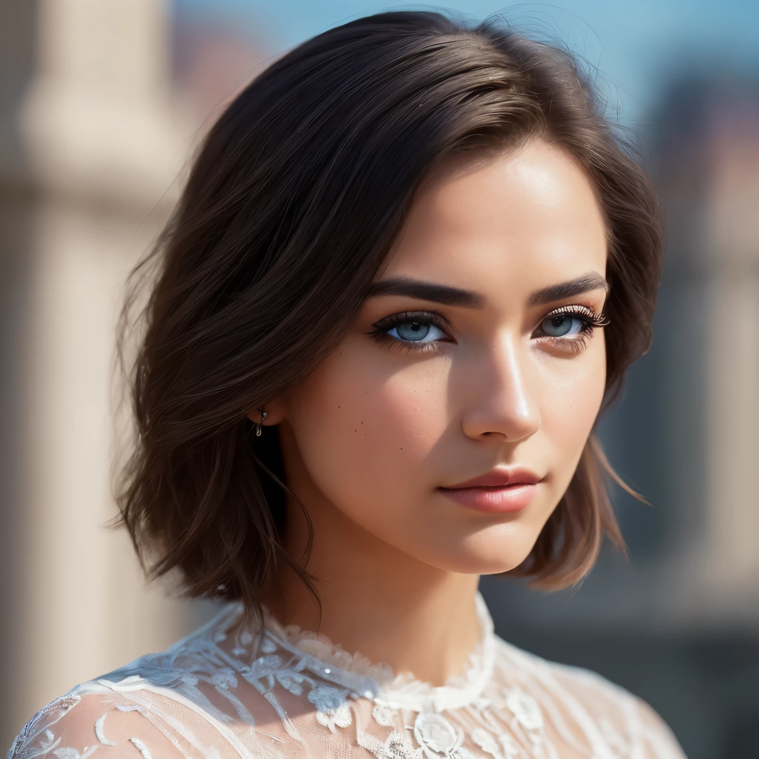 (Isabel Merced, solo, bob_cut_ hair, blue eyes, dynamic angle, seductive), (RAW, analog, Nikon Z 14mm ultra wide angle lens, award-winning glamour photography, ((highest quality)), ((masterpiece)), ((realistic)), skin pores, subsurface scattering, synchrotron rays, high resolution, detailed facial features, high detail, sharp focus, smooth, aesthetic, highly detailed, (highly detailed eyes, highly detailed iris), highly detailed hair, highly detailed skin, highly detailed clothing, Octane Rendering, Photorealistic, Realistic, Post-Processing, Maximum Detail, Realistic Shadows, Roughness, Natural Skin Texture, Real Life, Ultra Realistic, Photorealism, Photography, 8K UHD, Photo, HDR, Complex and Elegant, Highly Detailed, Sharp Focus, Stunning, Beautiful, Gorgeous), (Masterpiece: 1.2, Best Quality 1:1, Ultra Detail: 1.2, Best Shadows, 8k: 1.1) (Large city: 1.3, rooftop: 1.1, lower structures, railings), (contrasting background, light background), (beautiful detailed face), high contrast, (perfect lighting: 1.2, beautiful color, delicate color), (cinematic light)), colorful, hyper-detail, dramatic light, intricate detail, depth of field
