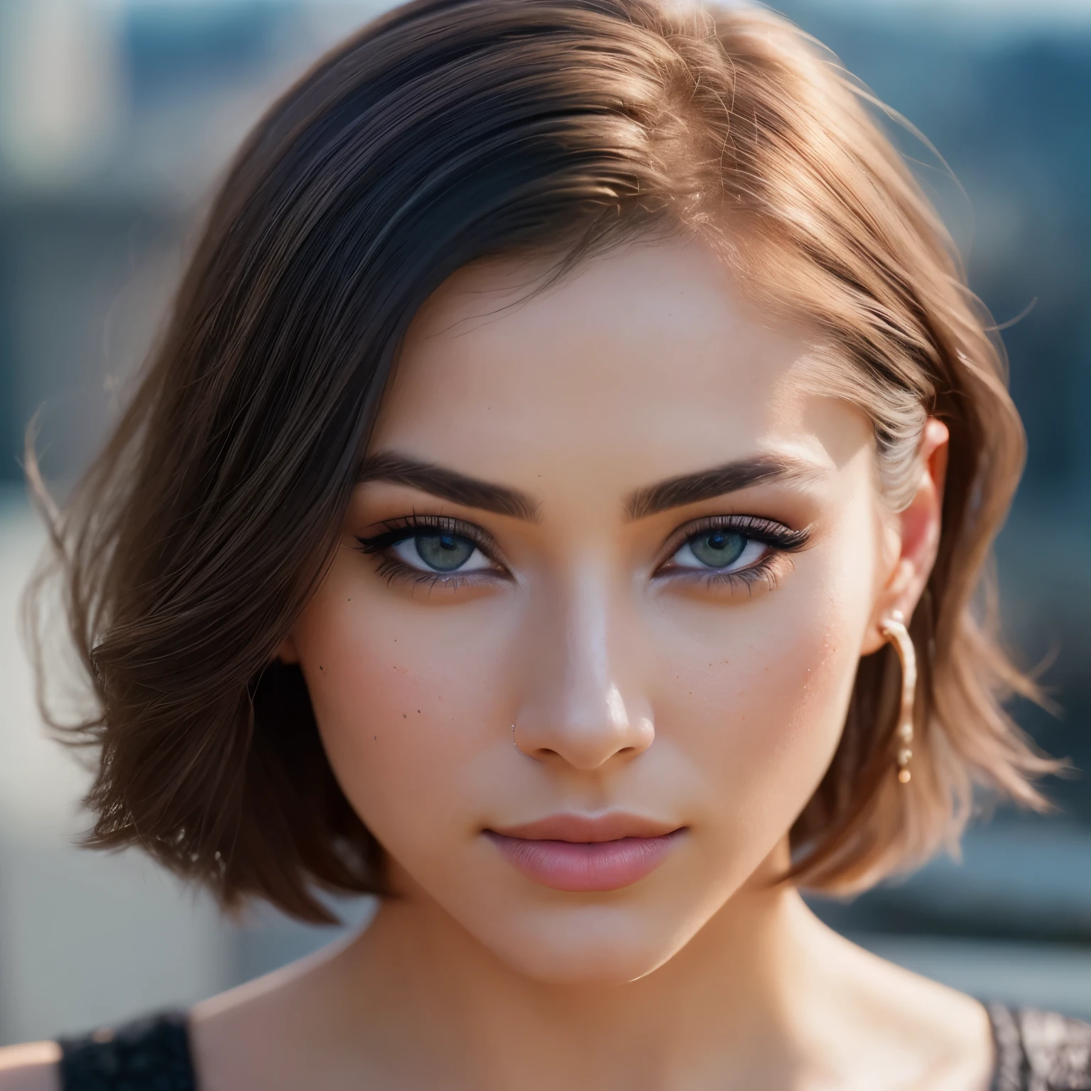 (Isabel Merced, solo, bob_cut_ hair, blue eyes, dynamic angle, seductive), (RAW, analog, Nikon Z 14mm ultra wide angle lens, award-winning glamour photography, ((highest quality)), ((masterpiece)), ((realistic)), skin pores, subsurface scattering, synchrotron rays, high resolution, detailed facial features, high detail, sharp focus, smooth, aesthetic, highly detailed, (highly detailed eyes, highly detailed iris), highly detailed hair, highly detailed skin, highly detailed clothing, Octane Rendering, Photorealistic, Realistic, Post-Processing, Maximum Detail, Realistic Shadows, Roughness, Natural Skin Texture, Real Life, Ultra Realistic, Photorealism, Photography, 8K UHD, Photo, HDR, Complex and Elegant, Highly Detailed, Sharp Focus, Stunning, Beautiful, Gorgeous), (Masterpiece: 1.2, Best Quality 1:1, Ultra Detail: 1.2, Best Shadows, 8k: 1.1) (Large city: 1.3, rooftop: 1.1, lower structures, railings), (contrasting background, light background), (beautiful detailed face), high contrast, (perfect lighting: 1.2, beautiful color, delicate color), (cinematic light)), colorful, hyper-detail, dramatic light, intricate detail, depth of field