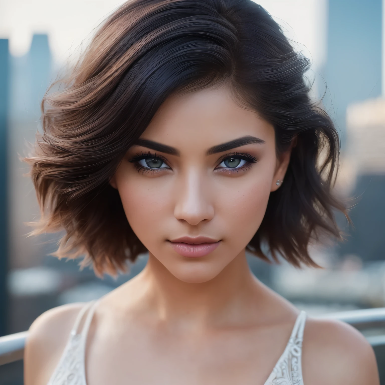 (Isabel Merced, solo, bob_cut_ hair, blue eyes, dynamic angle, seductive), (RAW, analog, Nikon Z 14mm ultra wide angle lens, award-winning glamour photography, ((highest quality)), ((masterpiece)), ((realistic)), skin pores, subsurface scattering, synchrotron rays, high resolution, detailed facial features, high detail, sharp focus, smooth, aesthetic, highly detailed, (highly detailed eyes, highly detailed iris), highly detailed hair, highly detailed skin, highly detailed clothing, Octane Rendering, Photorealistic, Realistic, Post-Processing, Maximum Detail, Realistic Shadows, Roughness, Natural Skin Texture, Real Life, Ultra Realistic, Photorealism, Photography, 8K UHD, Photo, HDR, Complex and Elegant, Highly Detailed, Sharp Focus, Stunning, Beautiful, Gorgeous), (Masterpiece: 1.2, Best Quality 1:1, Ultra Detail: 1.2, Best Shadows, 8k: 1.1) (Large city: 1.3, rooftop: 1.1, lower structures, railings), (contrasting background, light background), (beautiful detailed face), high contrast, (perfect lighting: 1.2, beautiful color, delicate color), (cinematic light)), colorful, hyper-detail, dramatic light, intricate detail, depth of field