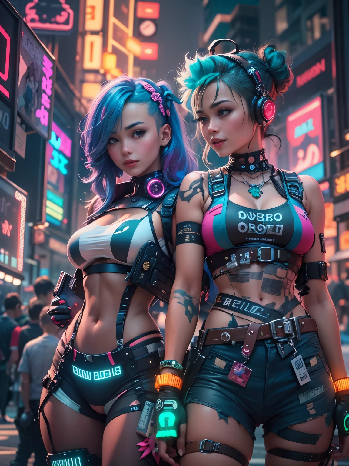 masterpiece, highest quality, 2 ((smile)) Cyberpunk Girls Standing Together, Harajuku-inspired cyberpunk body harness, Bold colors and patterns, eye-catching accessories, Trendy and innovative hairstyles, Dazzling cyberpunk cityscape, skyscraper, glowing neon sign, led lights, anime illustration, fine skin texture, fine cloth texture, beautiful detailed face, intricate details, Super detailed, cinematic lighting, strong contrast.