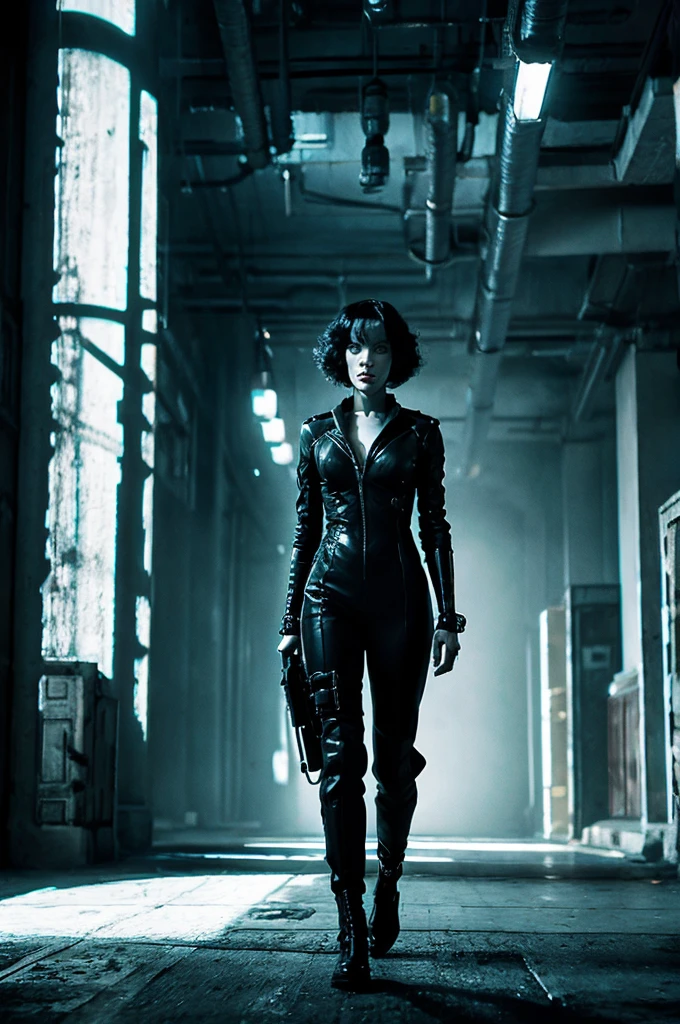 create scenes from classic film in Expressionism and cyberpunk style, female character standing on the roof,black and white, etherial
