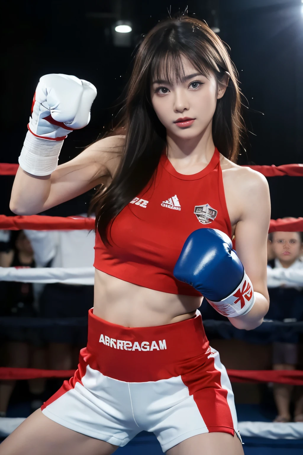 arafed woman in a boxing ring with a white glove, Ready for battle pose, in a boxing ring, she is ready to fight, take a fighting pose, fighter jet pose, in a fighting pose, boxing, fight pose, boxing match, gorgeous young japanese woman, japanese girl, in battle stance