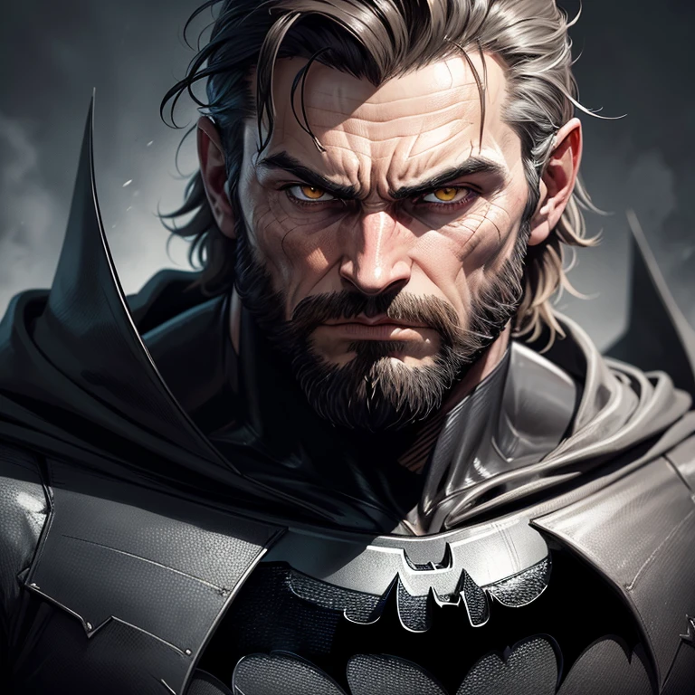 "Batman Viking com rosto do giurosa, Sorriso esquerdo, blood tears, sombrio, qualidade excepcional, multiple facial scars, Batman que ri, armadura viking das trevas, Gothic style."