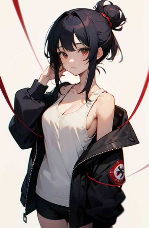 (((masterpiece))), red eyes, 1 girl, alone, looking at the viewer, topknot,hair bun, black hair, long sleeve, cleavage, medium breasts, closed mouth, clavicle, white tank top, open jacket, black jacket, shorts,Expressionless,Two-dimensional beautiful girl,Japan anime beautiful girl,Cool Beautiful Girl,Tie your hair with a red string,Moe picture,Moe picture1.2