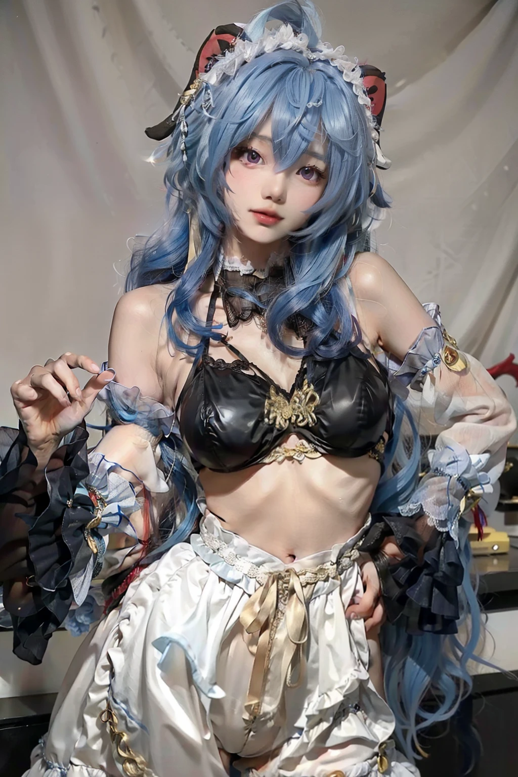 Perfect face, perfect body, perfect skin, Ganyu from genshin impact, blue hair, posing with one hand on her hip, facing the camera, topless, exposed tits, perfect tits