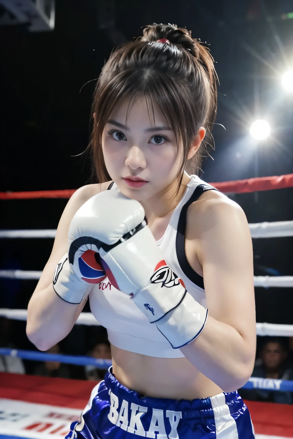 arafed woman in a boxing ring with a white glove, Ready for battle pose, in a boxing ring, she is ready to fight, take a fighting pose, fighter jet pose, in a fighting pose, boxing, fight pose, boxing match, gorgeous young japanese woman, japanese girl, in battle stance