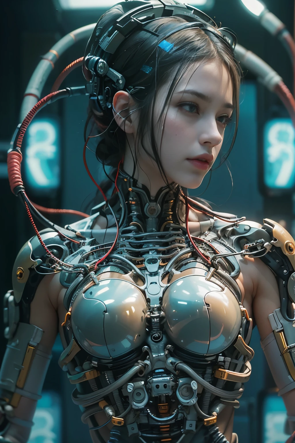 highest quality, masterpiece, ultra high resolution, ((realistic: 1.4), RAW photo, 1 Cyberpunk Girl, Glossy skin, 1 Mechanical Girl, (Ultra realistic details)), mechanical limbs, Tubes connected to mechanical parts, mechanical vertebrae attached to the spine, Mechanical cervical spine attachment to the neck, Wires and cables connecting to the head, Evangelion, ((ghost in the shell)), Small glowing LED lamp, global lighting, deep shadow, octane rendering, 8K, super sharp, Metal, intricate decorative details, baroque details, very intricate details, realistic light, CG Society Trend, towards the camera, neon details, (android factory in the background), Art by H.R. Giger and Alphonse Mucha.